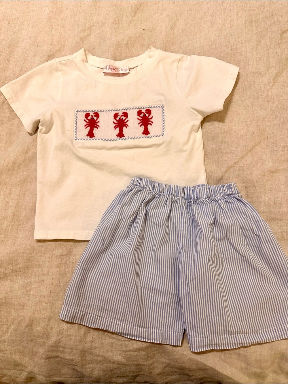 White Tee with Red Lobster Smocking & Blue Striped Shorts Set